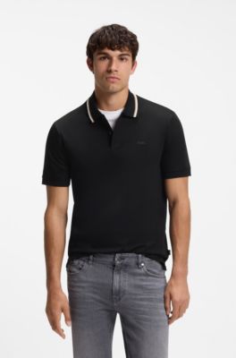 Slim-fit polo shirt in cotton with striped collar, Black