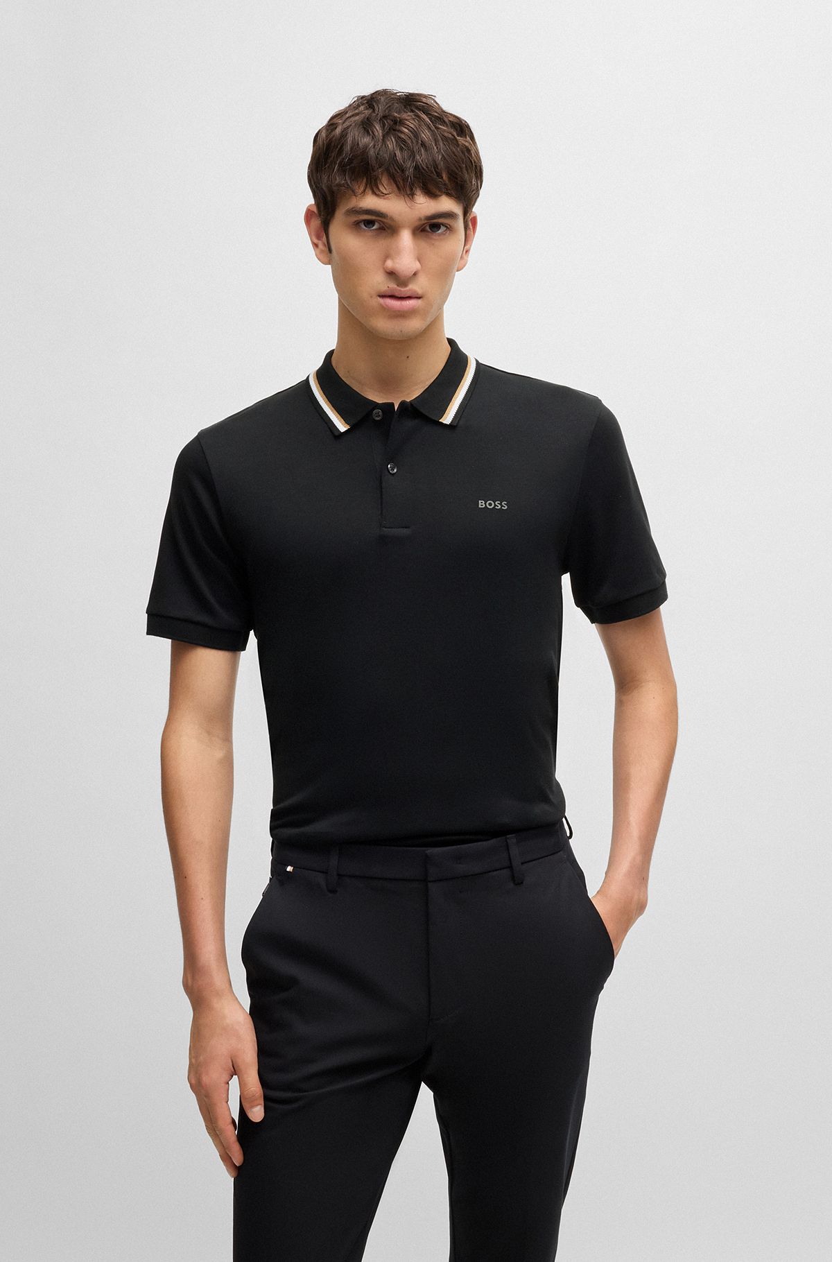 BOSS - Slim-fit polo shirt in cotton with striped collar