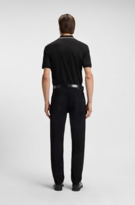 Slim-fit polo shirt in cotton with striped collar, Black