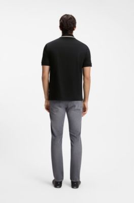 Slim-fit polo shirt in cotton with striped collar, Black