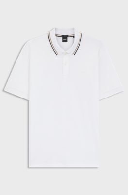 Polo slim fit de algod&oacute;n con cuello a rayas, Blanco