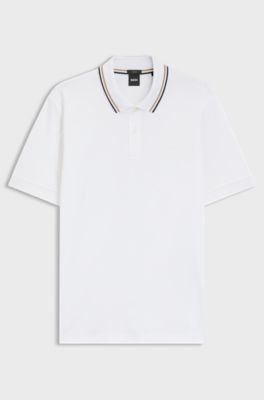 Slim-fit polo shirt in cotton with striped collar, White