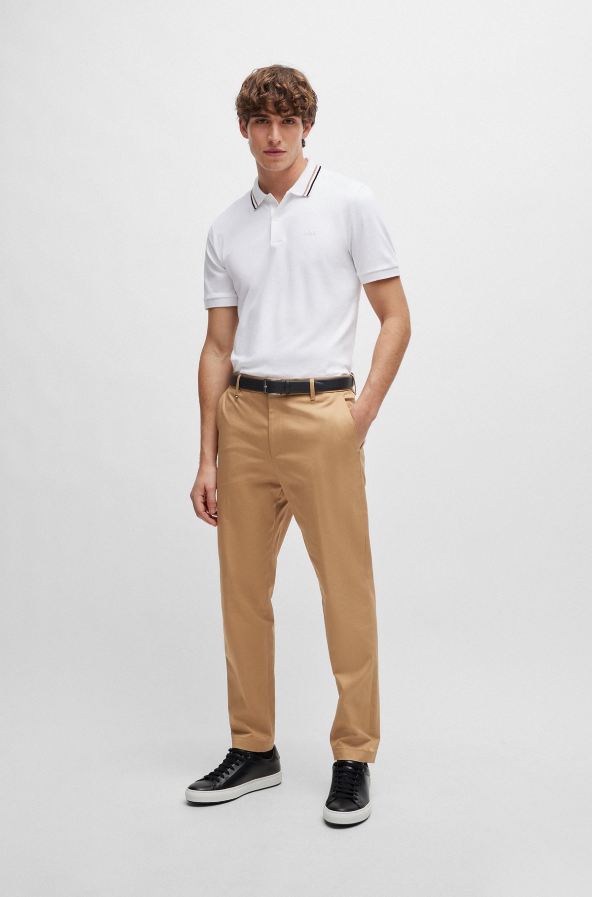 Slim-fit polo shirt in cotton with striped collar, White