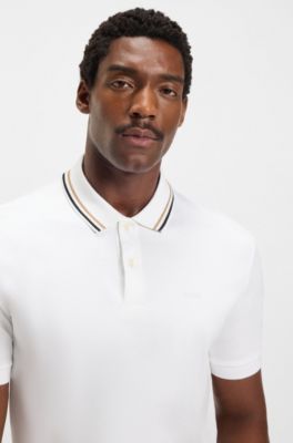 Slim-fit polo shirt in cotton with striped collar, White