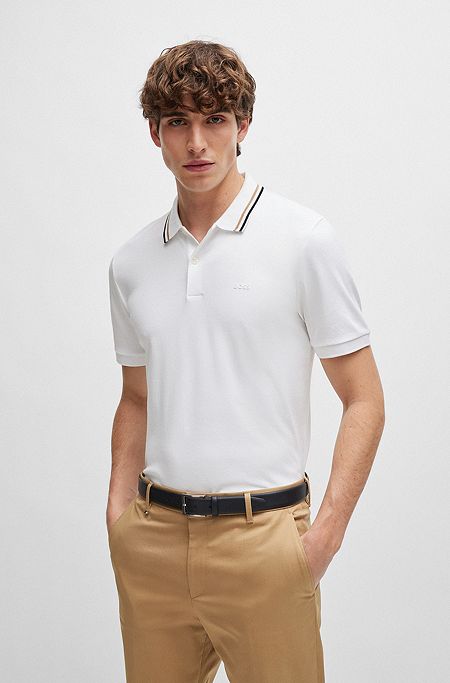 BOSS - Slim-fit polo shirt in cotton with striped collar