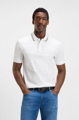 Slim fit-pik&eacute;tr&ouml;ja i bomull med randig krage, Vit