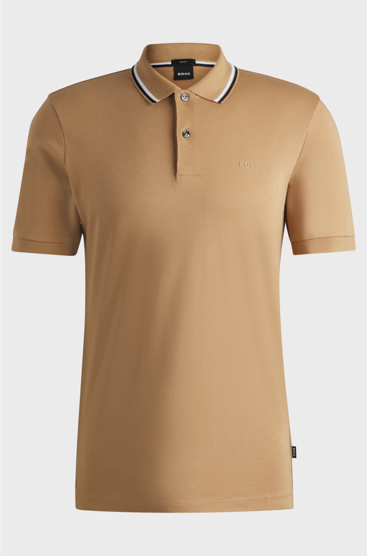 Slim-fit polo shirt in cotton with striped collar, Beige