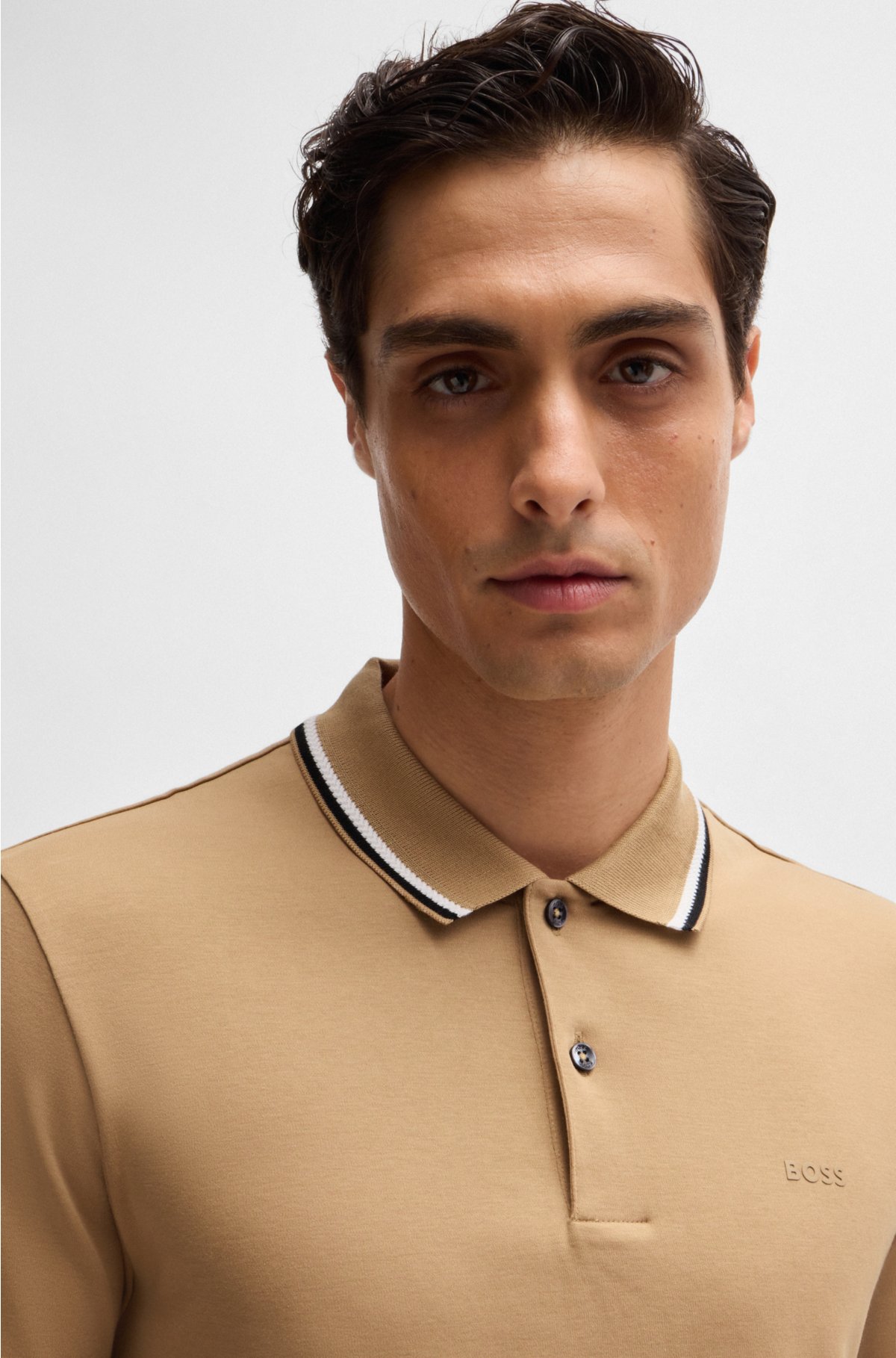 Slim-fit polo shirt in cotton with striped collar, Beige