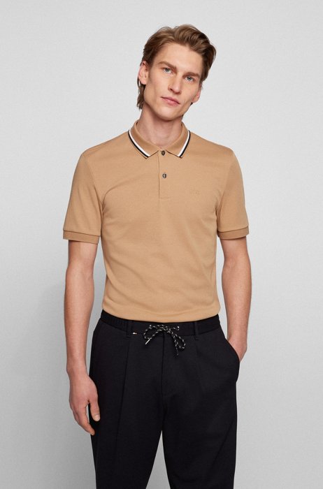 Slim-Fit Poloshirt aus Baumwolle mit gestreiftem Kragen, Beige