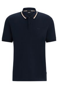 Slim-fit polo shirt in cotton with striped collar, Dark Blue