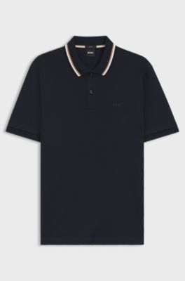 Slim-fit polo shirt in cotton with striped collar, Dark Blue