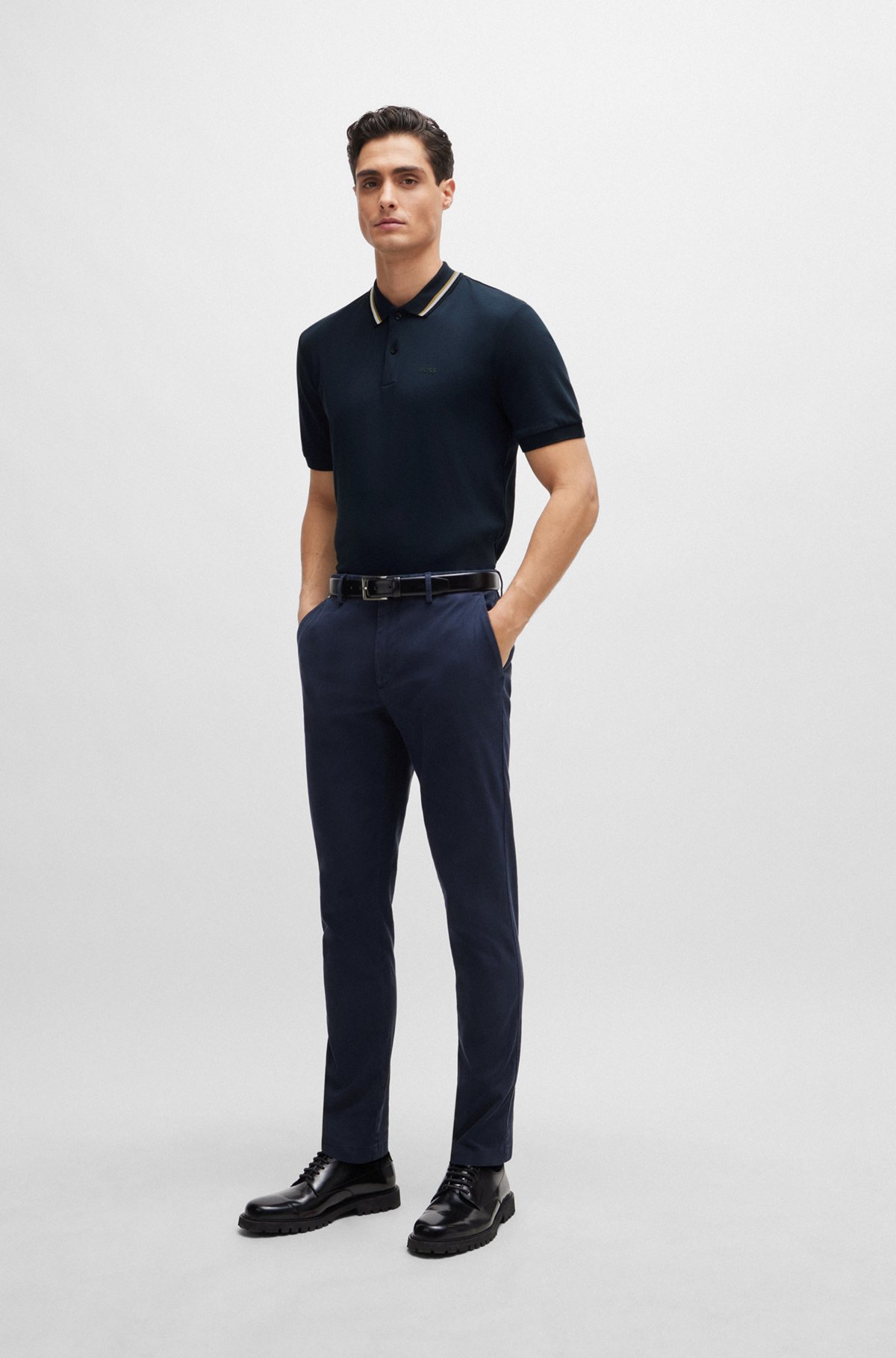 Slim-fit polo shirt in cotton with striped collar, Dark Blue