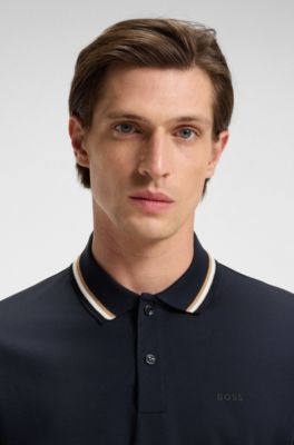 Slim-fit polo shirt in cotton with striped collar, Dark Blue