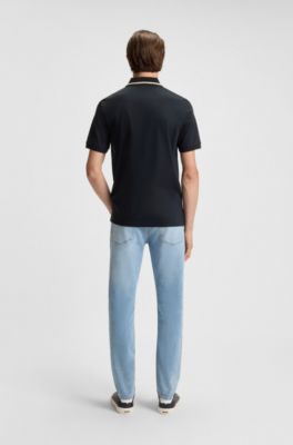 Slim-fit polo shirt in cotton with striped collar, Dark Blue