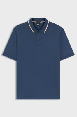 Slim-fit polo shirt in cotton with striped collar, Blue