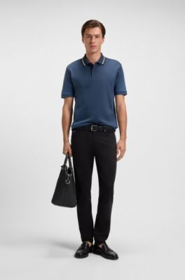 Slim-fit polo shirt in cotton with striped collar, Blue