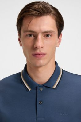 Slim-fit polo shirt in cotton with striped collar, Blue