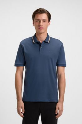 Slim-fit polo shirt in cotton with striped collar, Blue
