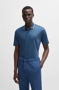 Slim-fit polo shirt in cotton with striped collar, Blue
