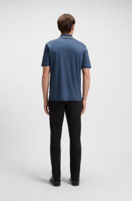 Slim-fit polo shirt in cotton with striped collar, Blue