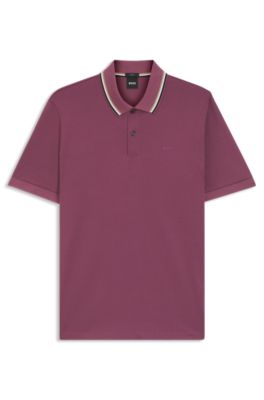Slim-fit polo shirt in cotton with striped collar, Dark Purple