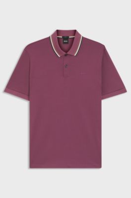Slim-fit polo shirt in cotton with striped collar, Dark Purple