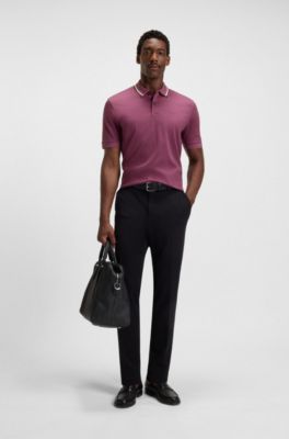 Slim-fit polo shirt in cotton with striped collar, Dark Purple