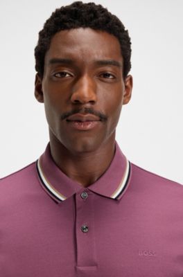 Slim-fit polo shirt in cotton with striped collar, Dark Purple