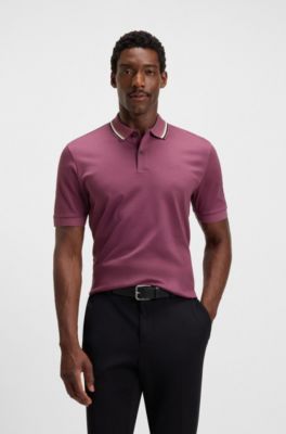 Slim-fit polo shirt in cotton with striped collar, Dark Purple