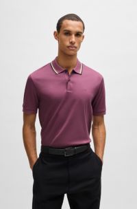 Slim-fit polo shirt in cotton with striped collar, Dark Purple