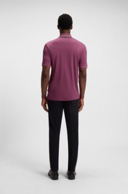 Slim-fit polo shirt in cotton with striped collar, Dark Purple