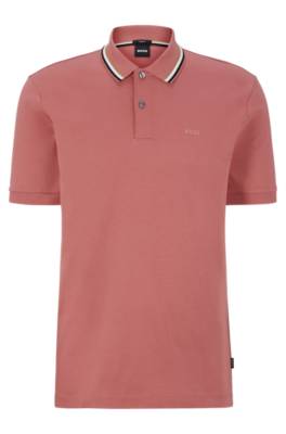 Hugo Boss Slim-fit Polo Shirt In Cotton With Striped Collar In Pink