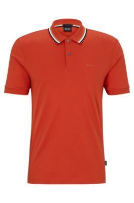 Hugo Boss Slim-fit Polo Shirt In Cotton With Striped Collar In Dark Orange