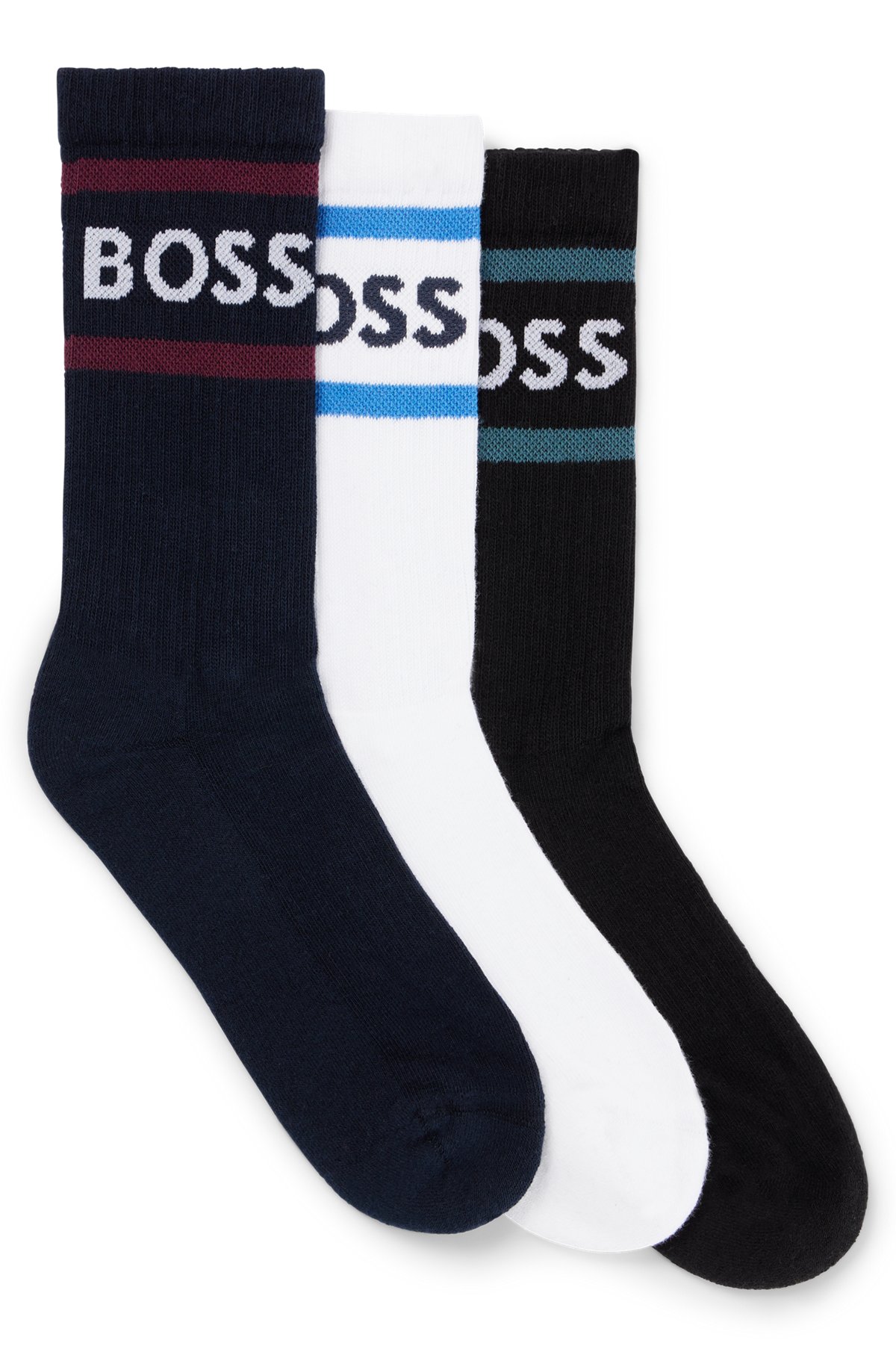 Three-pack of short socks with stripes and logo, Black / White / Blue
