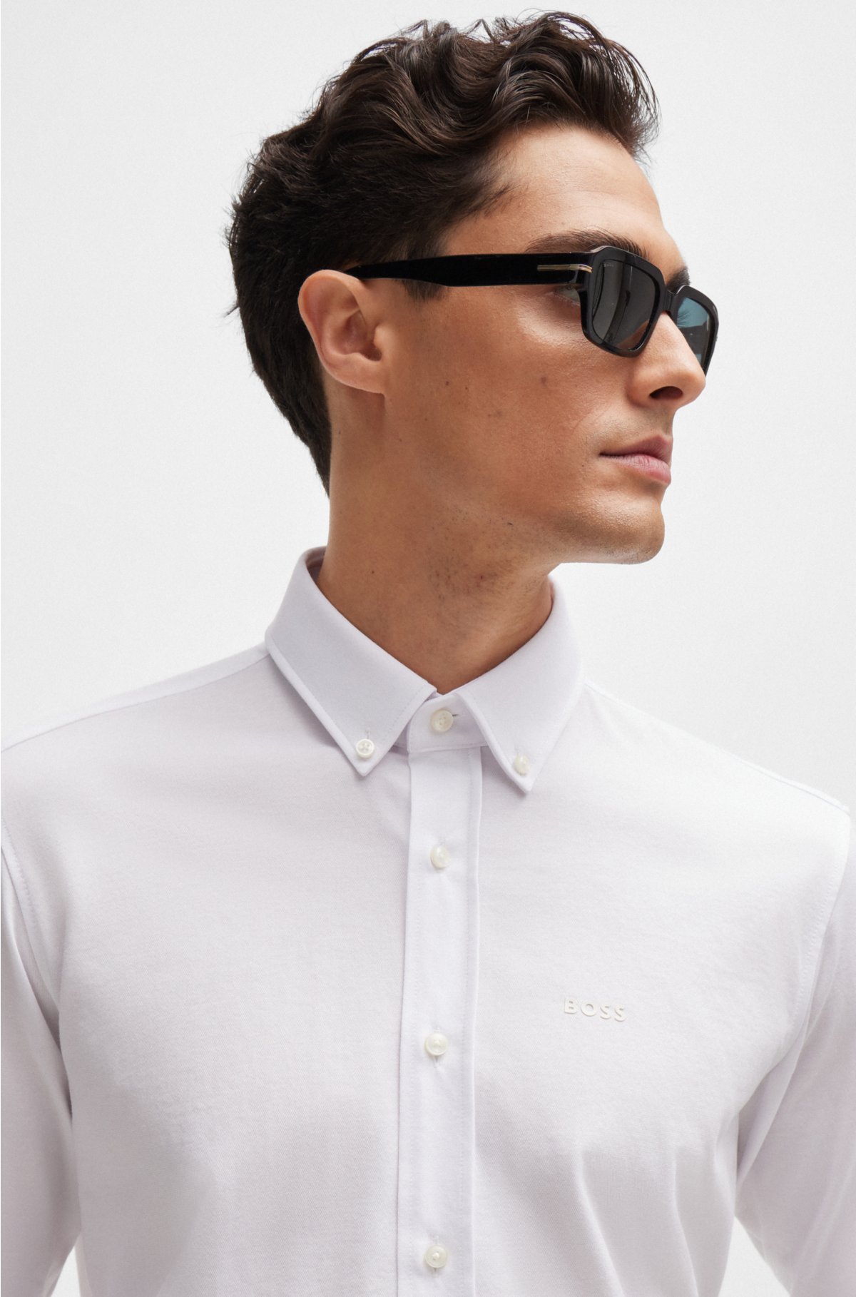 Regular-fit shirt in structured cotton-blend jersey, White