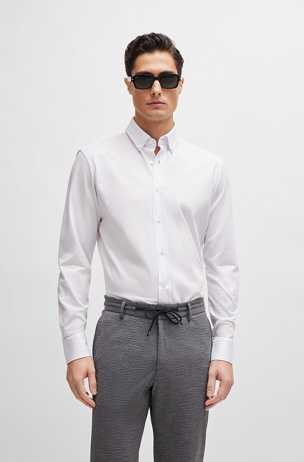 Regular-fit shirt in structured cotton-blend jersey, White