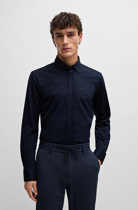 Regular-fit shirt in structured cotton-blend jersey, Dark Blue
