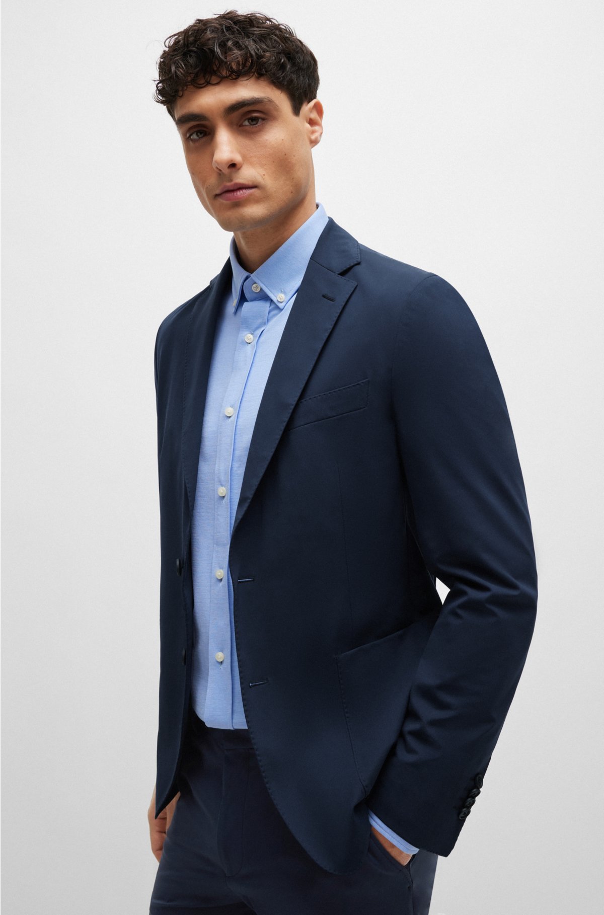 Regular-fit shirt in structured cotton-blend jersey, Light Blue