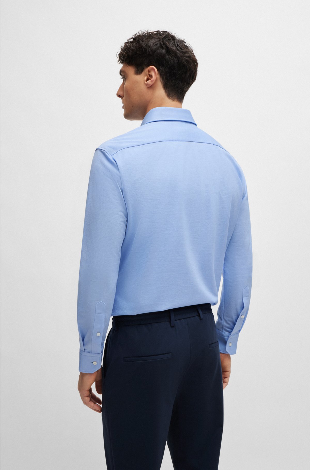 Regular-fit shirt in structured cotton-blend jersey, Light Blue