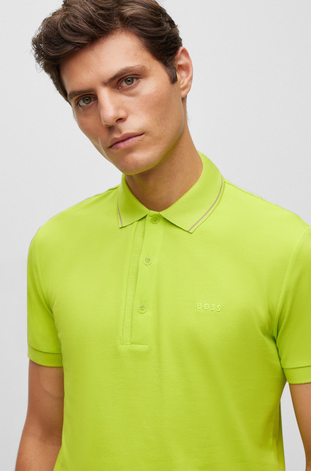 Slim-fit polo shirt with branded placket, Light Green