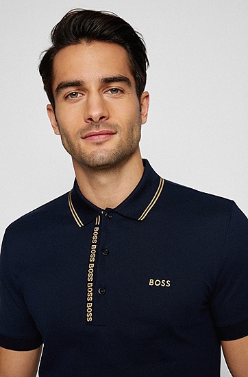 BOSS 博斯品牌标识装饰门襟修身 Polo 衫,  403_Dark Blue