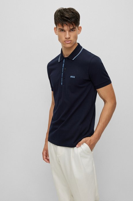 Slim-fit polo shirt with branded placket, Dark Blue