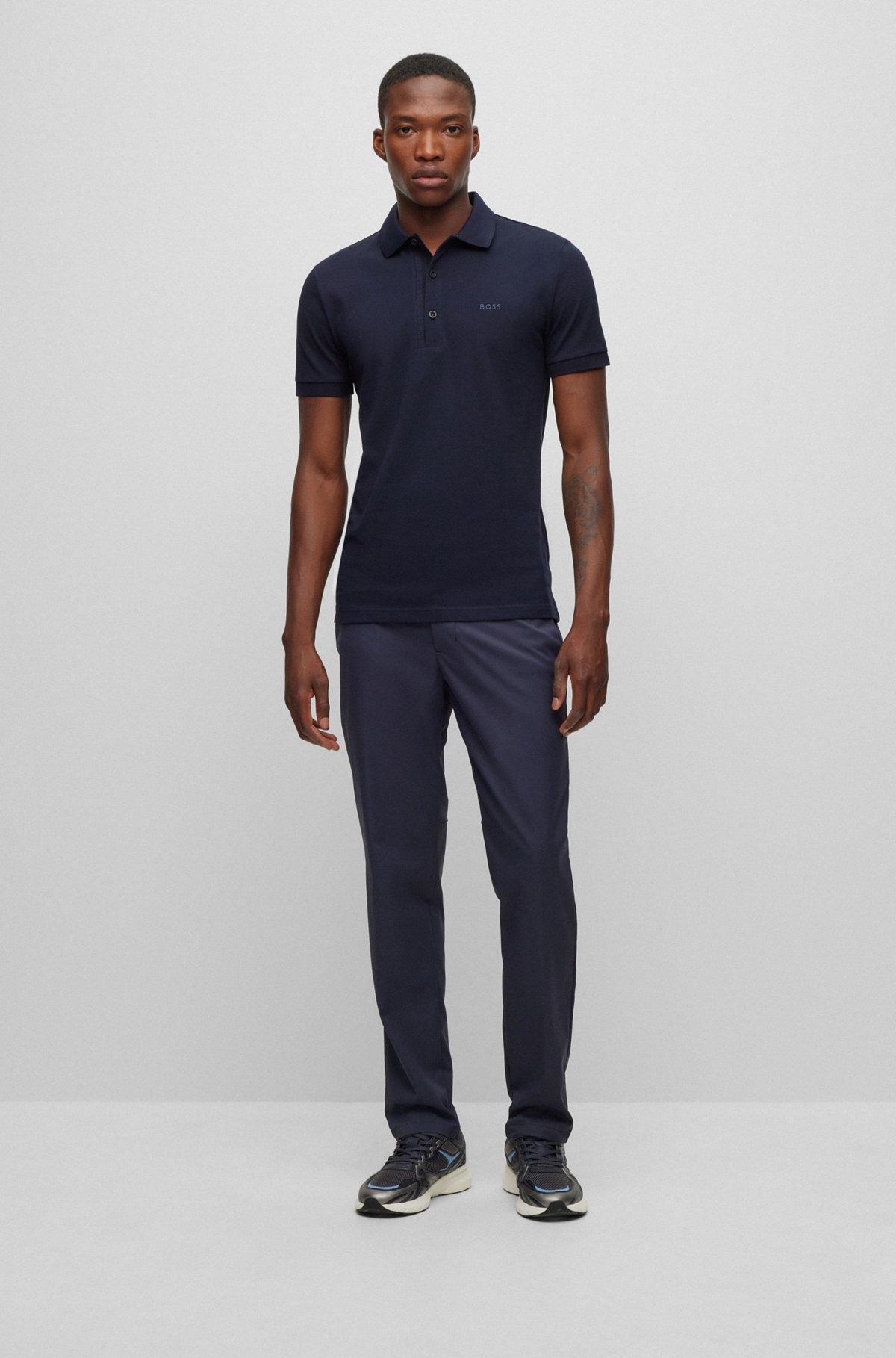 Slim-fit polo shirt with branded placket, Dark Blue
