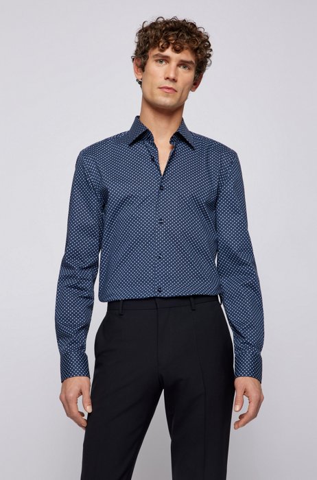 Camisa slim fit de popelín de algodón elástico italiano estampado, Azul oscuro