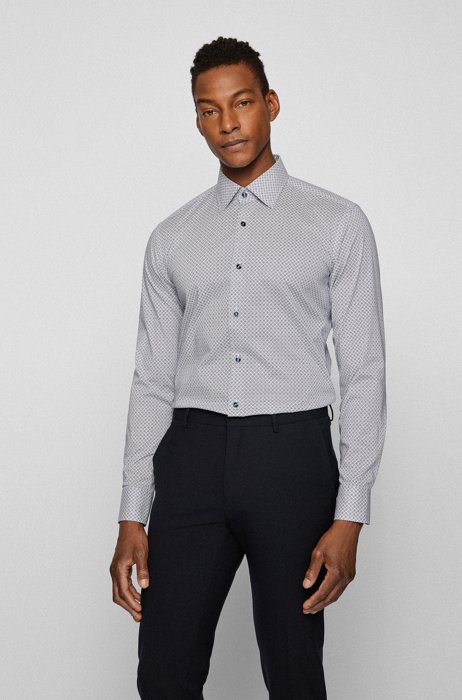Bedrucktes Slim-Fit Hemd aus elastischer Baumwoll-Popeline aus Italien, Dunkelblau