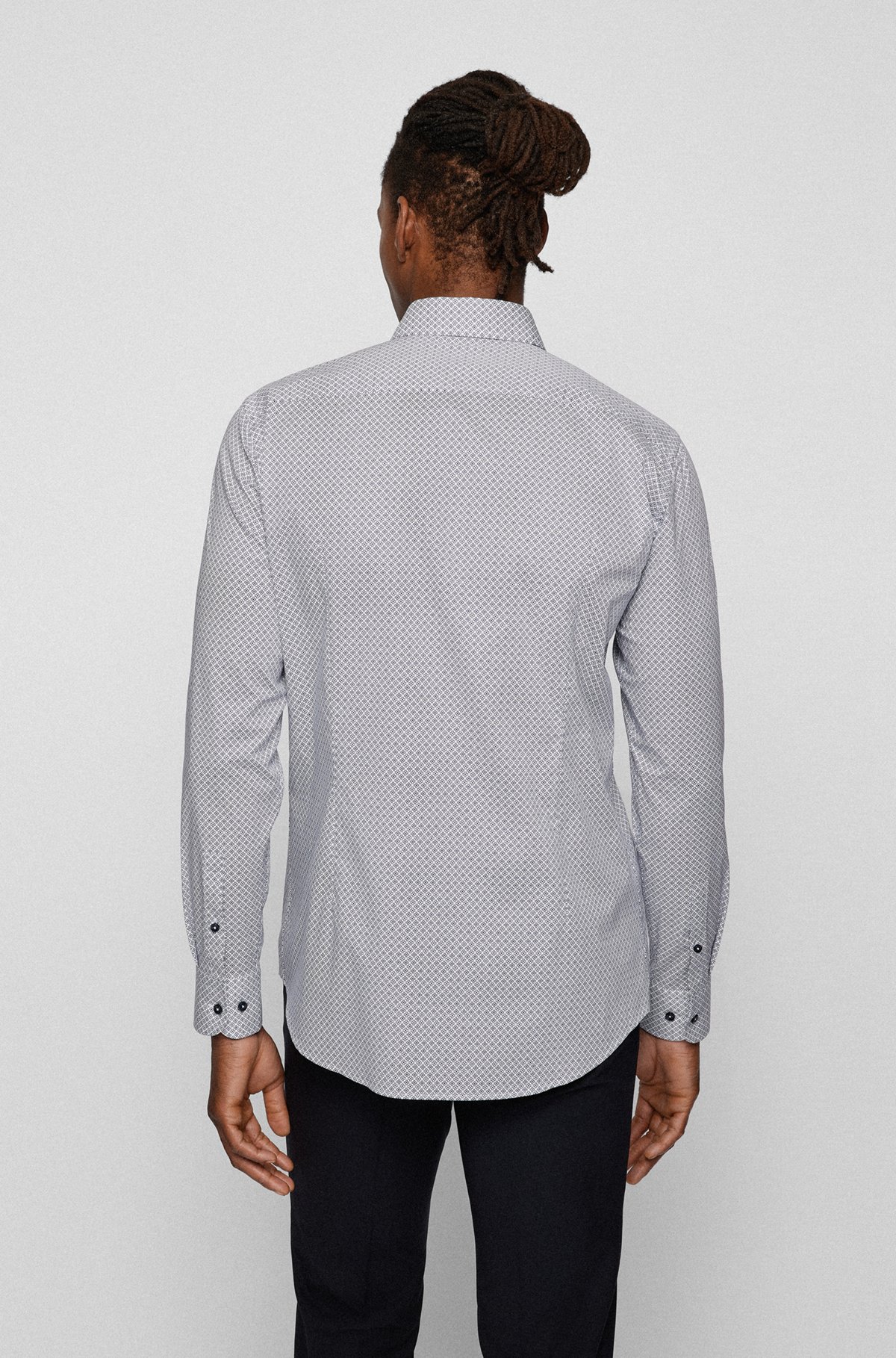 Slim-fit shirt in printed Italian stretch-cotton poplin, Dark Blue