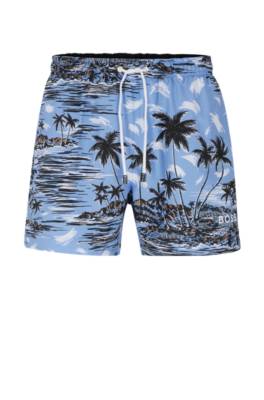 Hugo Boss Seasonal-print Swim Shorts In Quick-drying Recycled Fabric In Light Blue