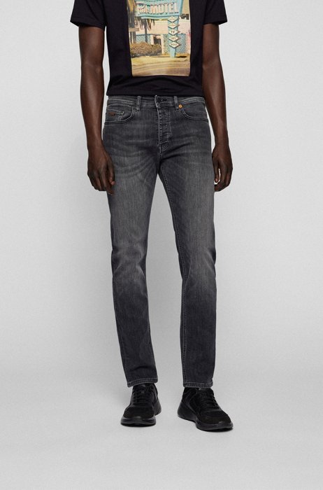 Tapered-fit jeans van grijs superelastisch distressed denim, Grijs