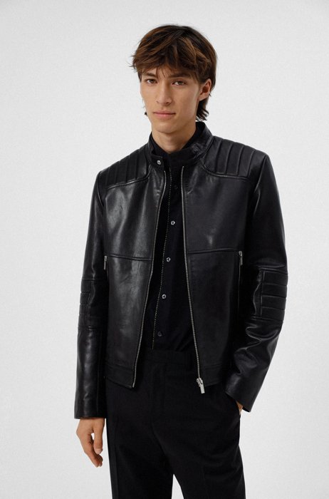 Slim-fit biker jacket in nappa leather with wadding, Black