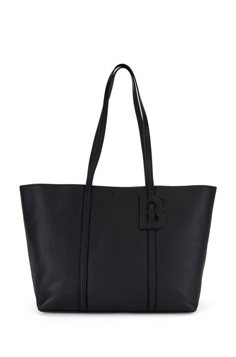 Italian-leather shopper bag with appliquéd 'B' detail, Black